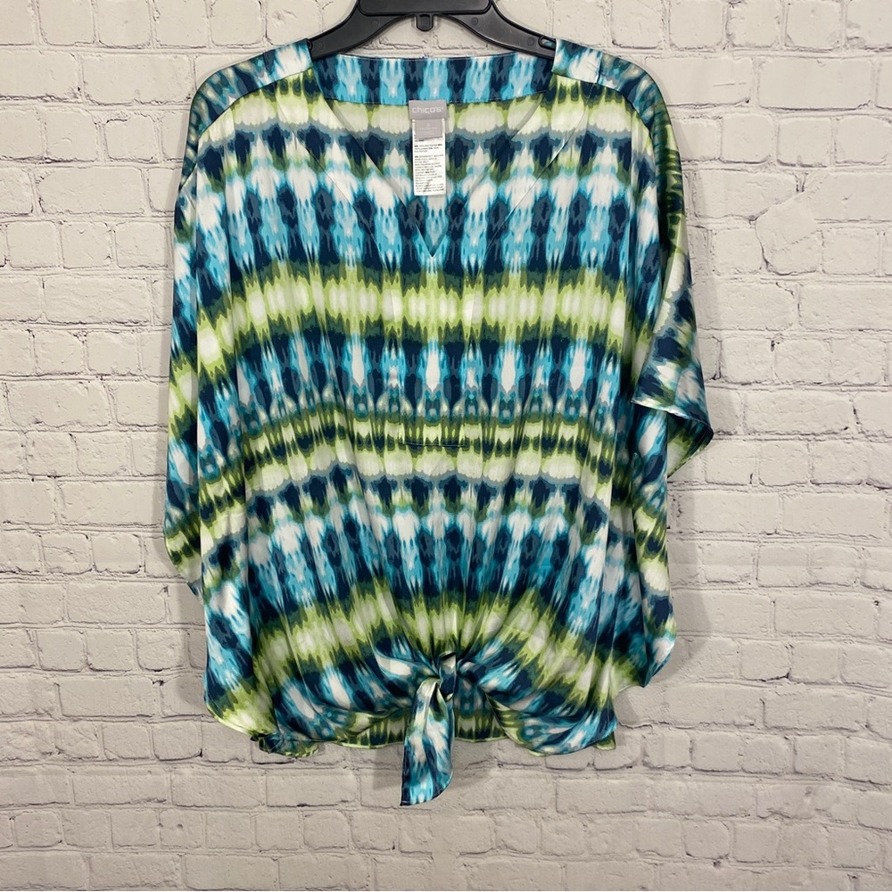 Chicos Womens Tunic 2 US 12/14 Abstract Print Tie Front Short Sleeve Lightweight
